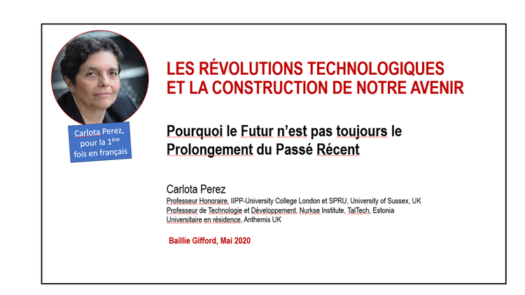 Pour l'économiste Carlota Perez,  la  crise actuelle réplique celle de 1930. Elle devrait accélérer l'adoption massive de l'économie "Smart Green"